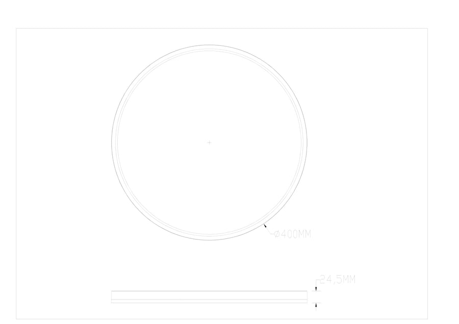 Schéma technique coté du plafonnier rond, diamètre 400 mm et épaisseur 24,5 mm