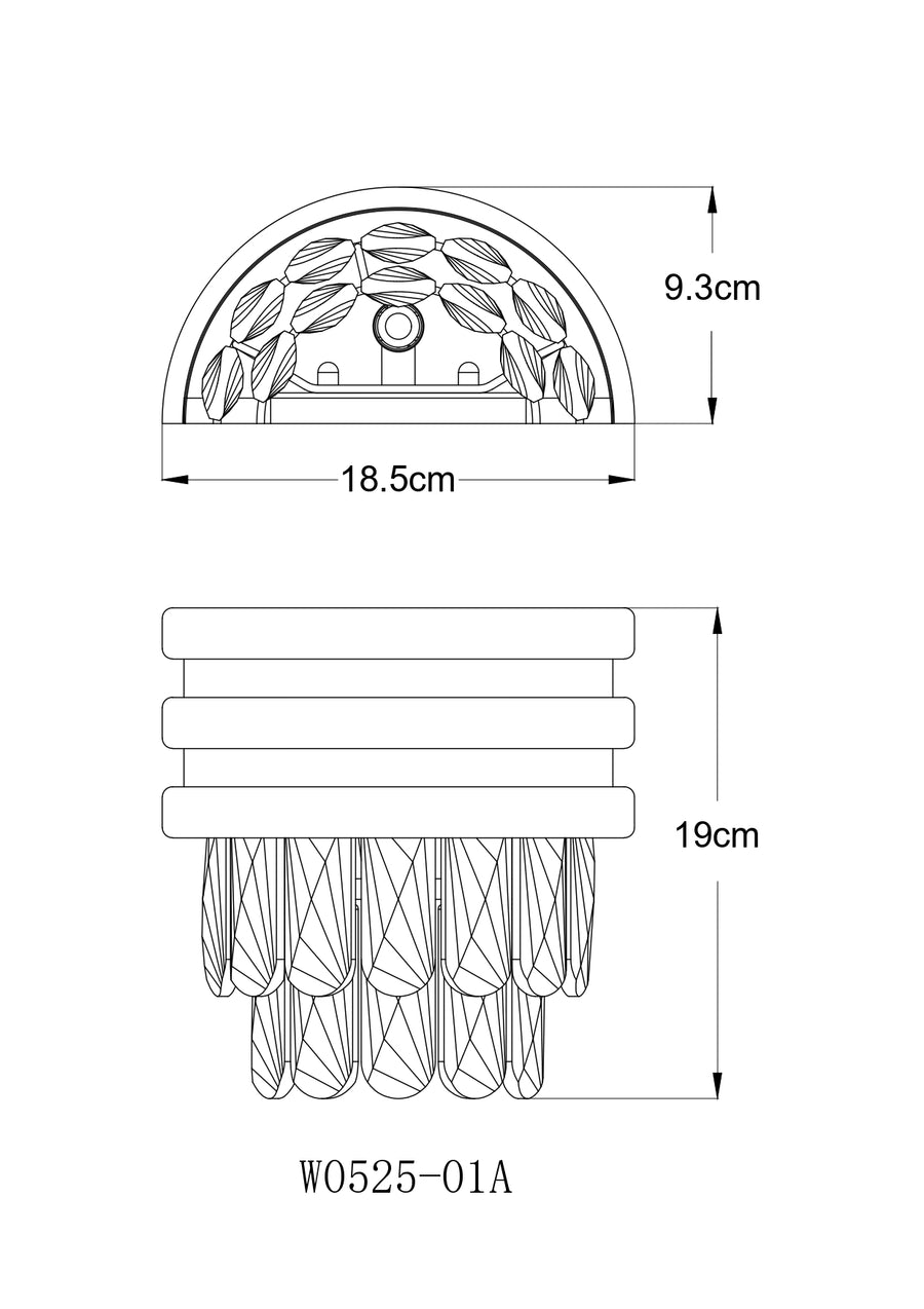 Schéma coté du luminaire : largeur 18,5 cm, hauteur 19 cm, référence W0525-01A.