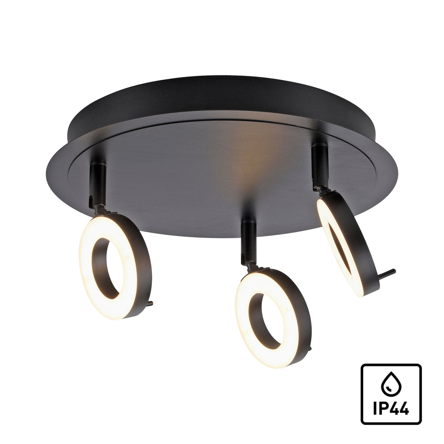 Vue détachée du plafonnier noir avec ses trois anneaux lumineux et pictogramme IP44