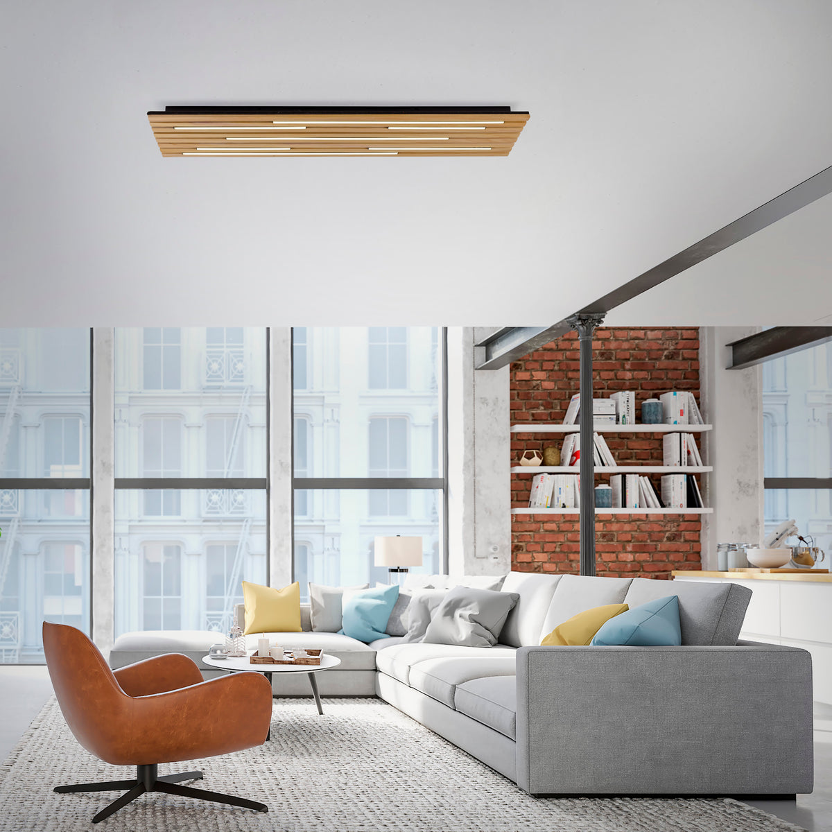 Mise en ambiance du plafonnier installé au plafond dans un salon contemporain