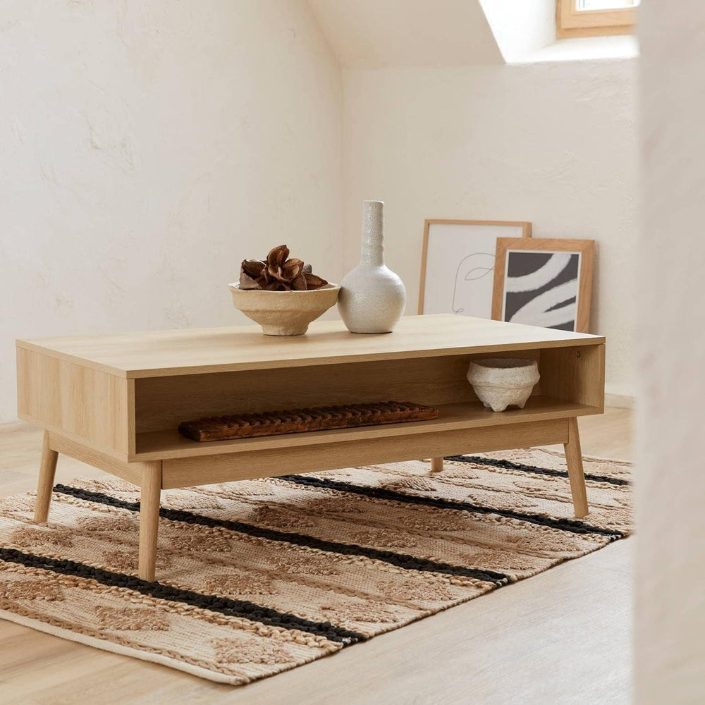 Alice'S Home - Table Basse Couleur Naturelle. Linear. Décor Bois Rainuré. Pieds Compas. 2 Niches. 1 Tiroir. L 110 X L 59 X H 39Cm | Designix - Amazon    - https://designix.fr/