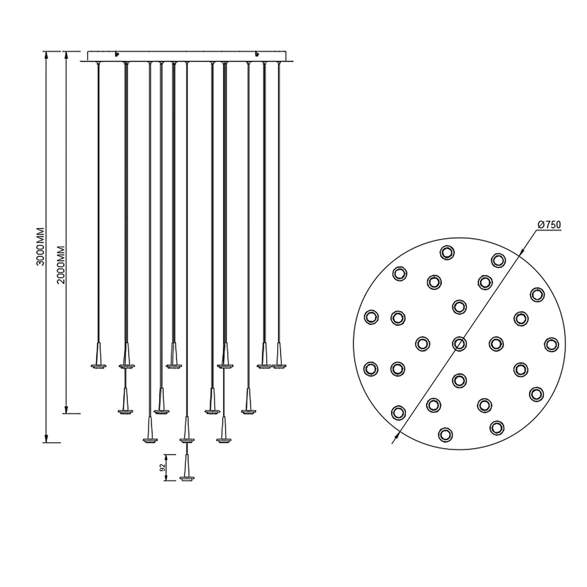 Schéma de dimensions montrant hauteur 3000 mm, 2000 mm, diamètre 750 mm et détail 92 mm.