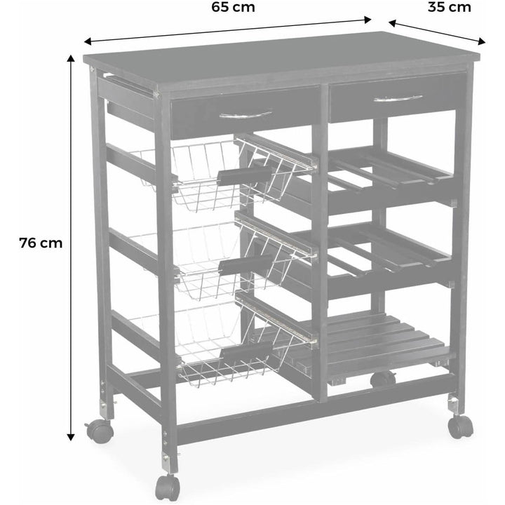 Alice'S Home - Desserte De Cuisine Noire. Chariot À Roulettes - Charlotte - 2 Tiroirs. 3 Paniers. 2 Étagères Range Bouteilles. 1 Étagère | Designix - Amazon    - https://designix.fr/