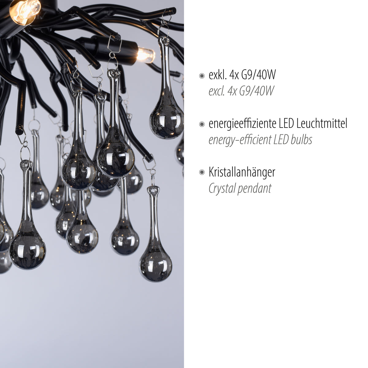 Détail des pampilles en verre et texte indiquant quatre ampoules G9 40W