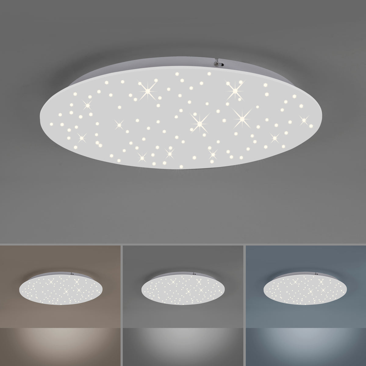 Trois ambiances lumineuses du plafonnier : blanc chaud, neutre et froid