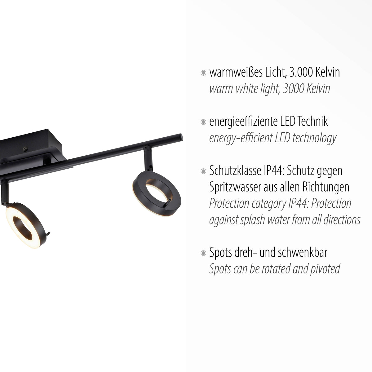 Détail des spots orientables avec texte technique sur l'éclairage LED et protection IP44