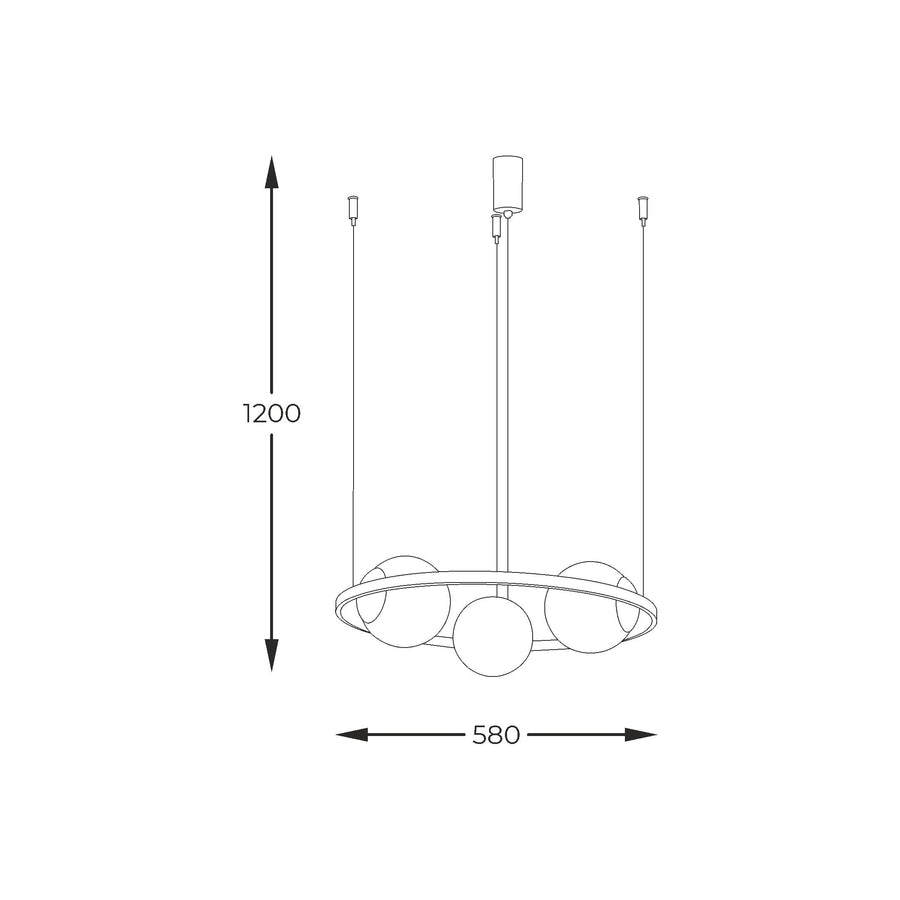 Schéma coté indiquant 1200 mm de hauteur et 580 mm de diamètre