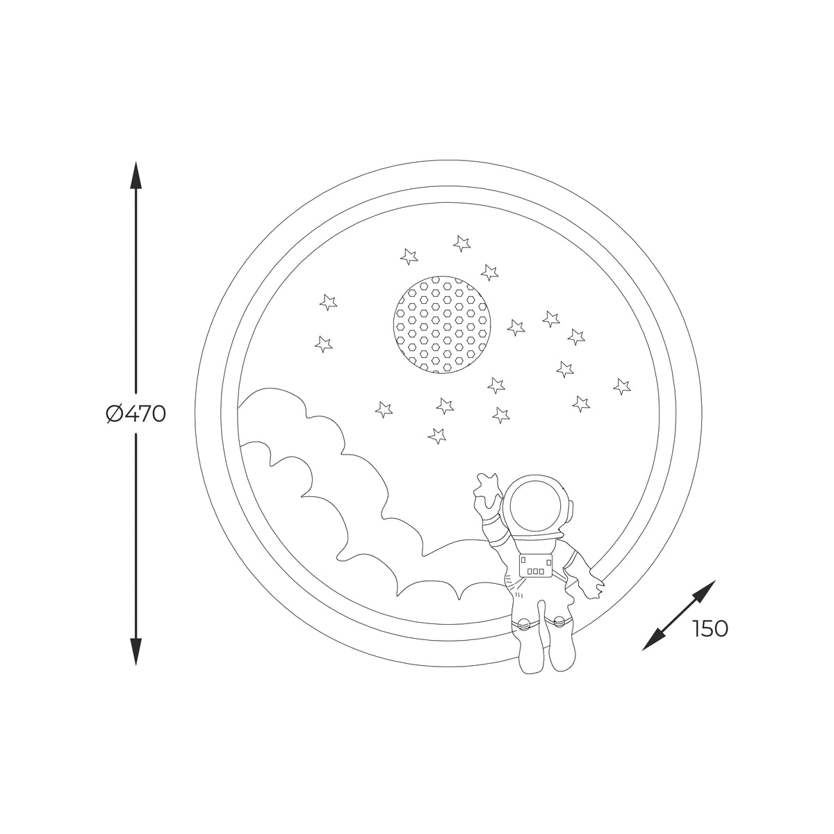 Schéma de dimensions du plafonnier rond avec diamètre et hauteur