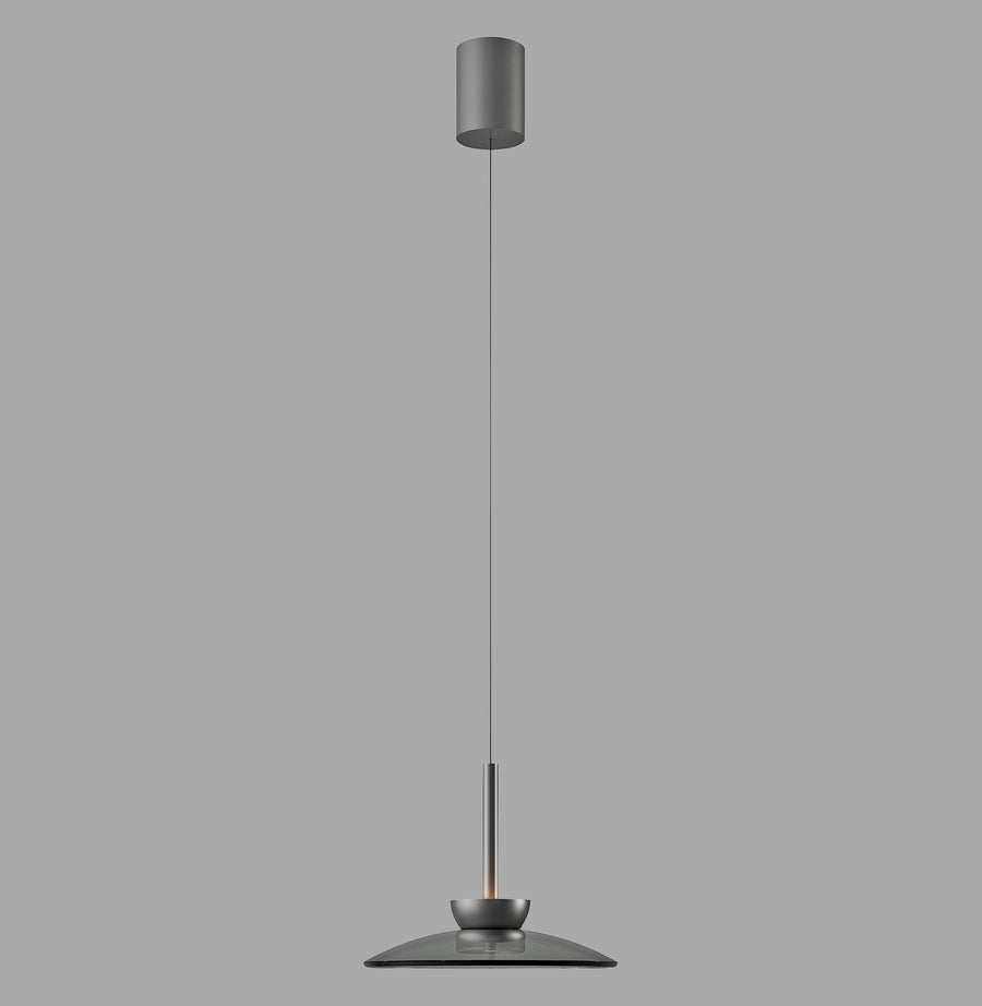 Suspension grise vue de face sur fond gris, câble et rosace visibles