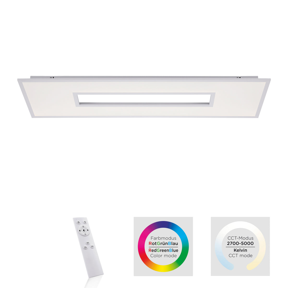 Plafonnier présenté avec télécommande et modes couleur RGB et température