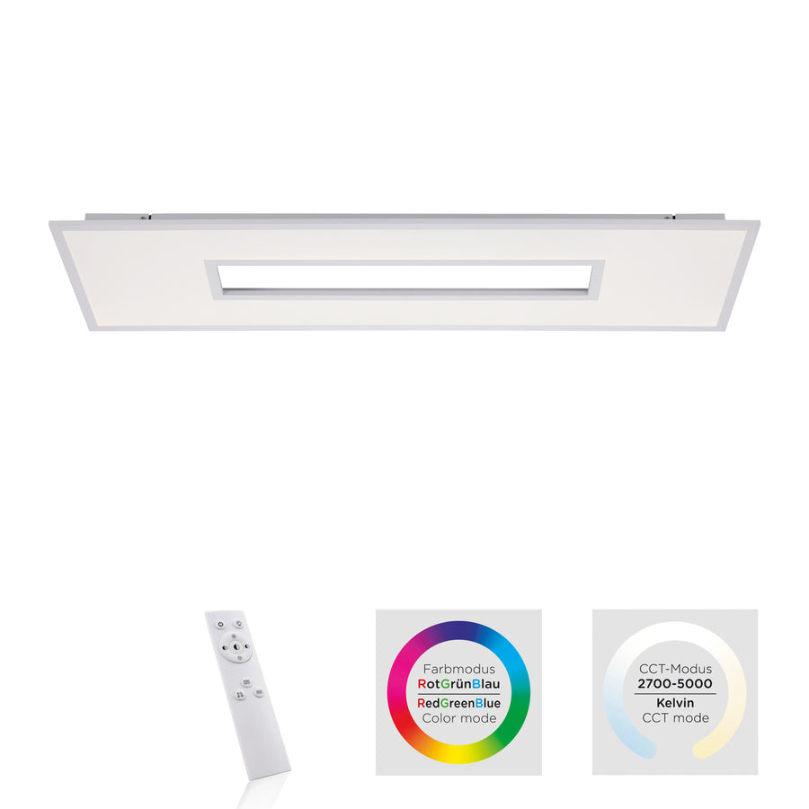 Plafonnier présenté avec télécommande et modes couleur RGB et température