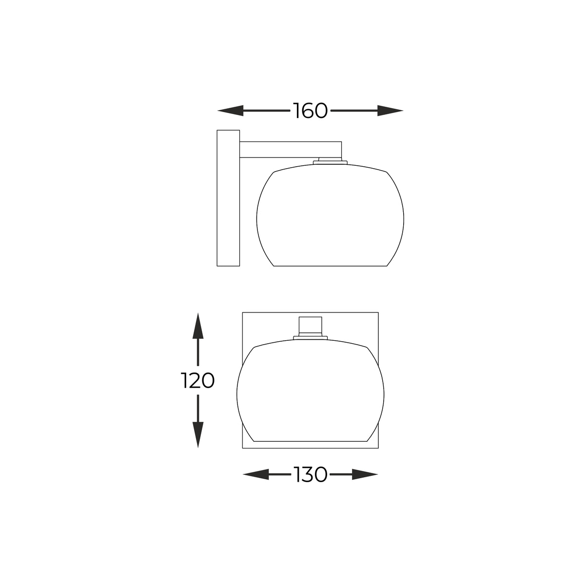 Schéma coté de l'applique murale largeur 160 mm, hauteur 120 mm, profondeur 130 mm