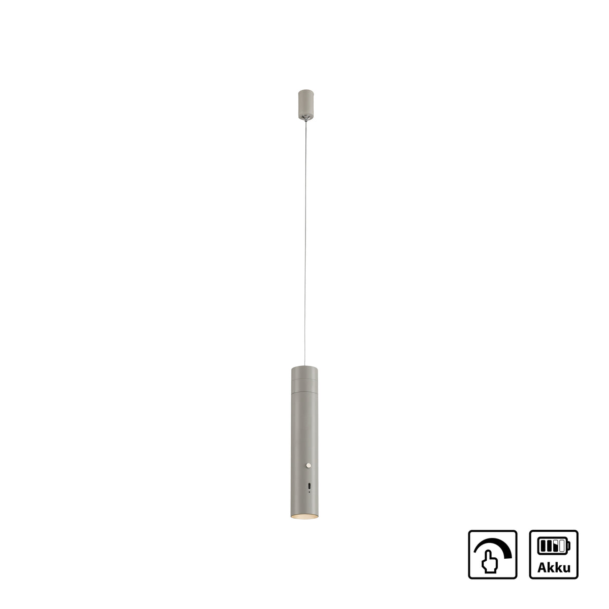 Vue de face sur fond blanc avec pictogrammes batterie et variateur tactile.