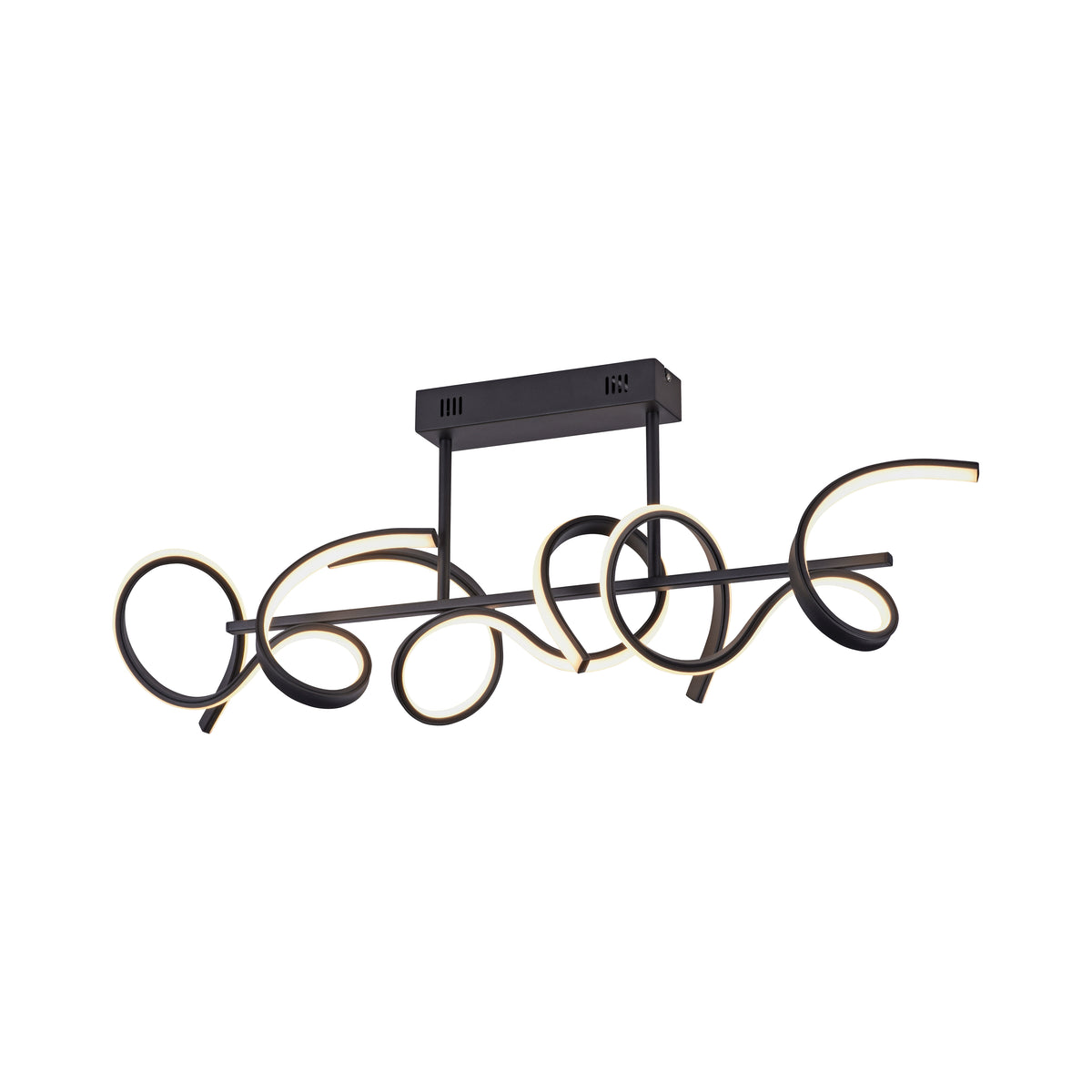 Autre angle du plafonnier noir, mettant en valeur les boucles LED et la structure centrale.