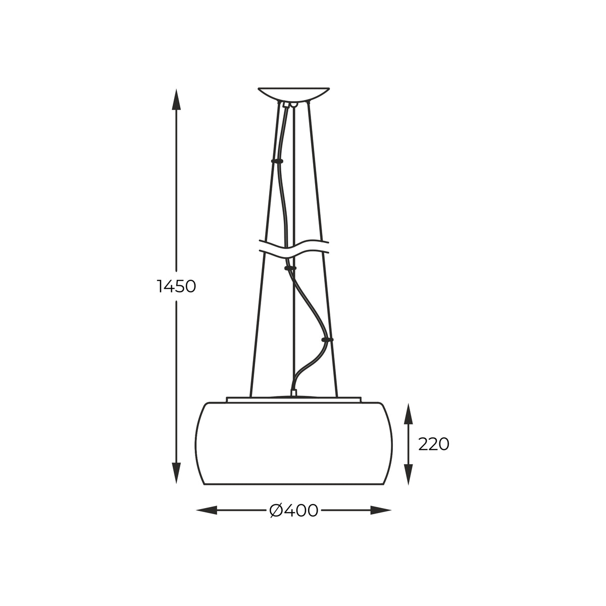 Schéma technique coté du luminaire avec hauteur et diamètre.