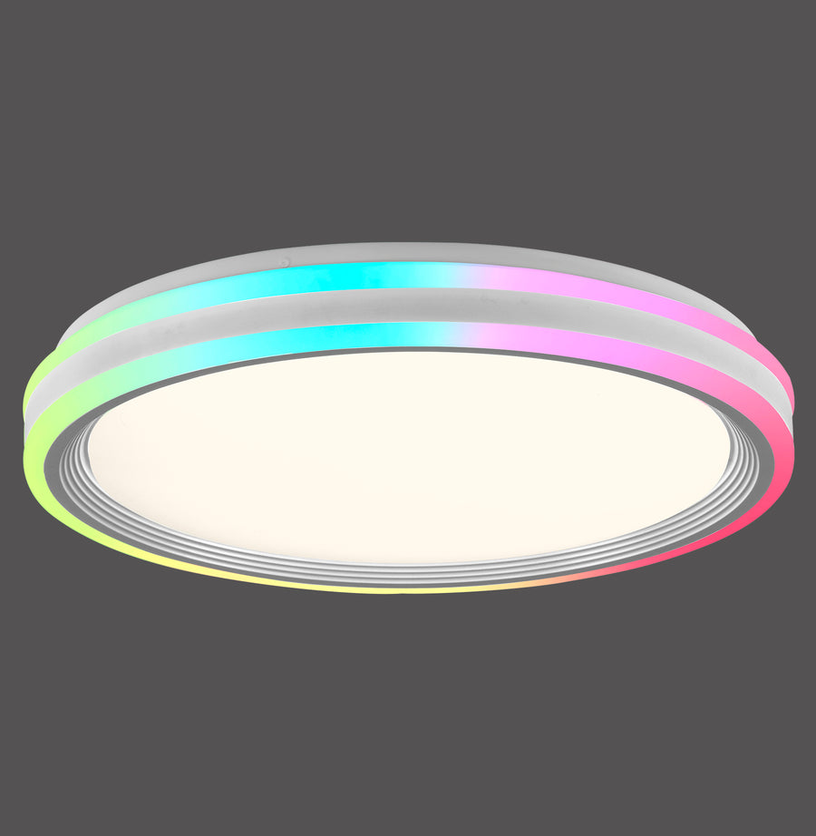 Vue de face du plafonnier rond blanc avec anneau lumineux multicolore.