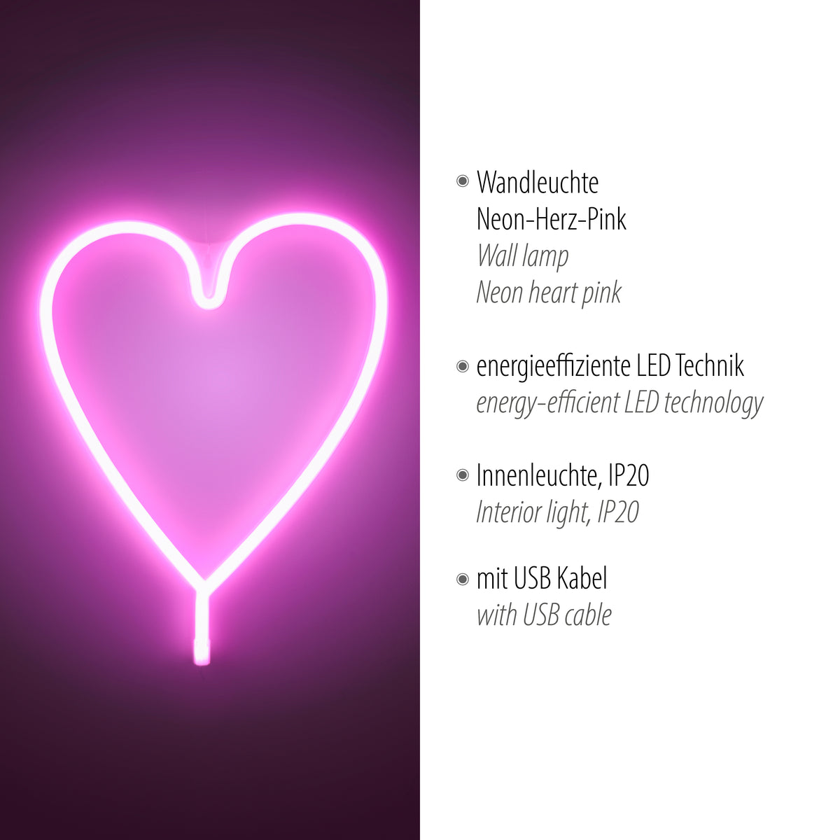 Visuel produit avec texte allemand et anglais : applique murale, LED, IP20, câble USB.