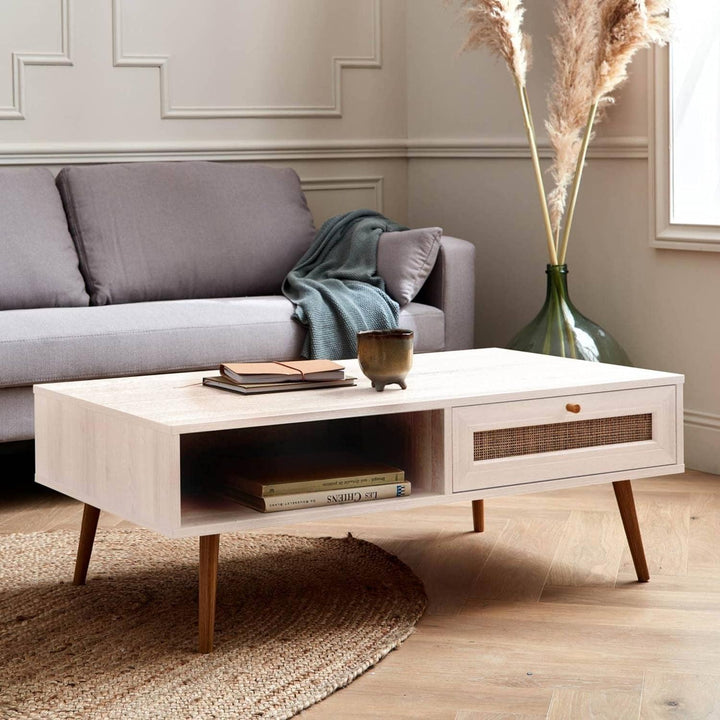 Alice'S Home - Table Basse En Cannage 110X59X39Cm - Bohème - Blanc. 1 Tiroir. 1 Espace De Rangement. Pieds Scandinaves | Designix - Amazon    - https://designix.fr/