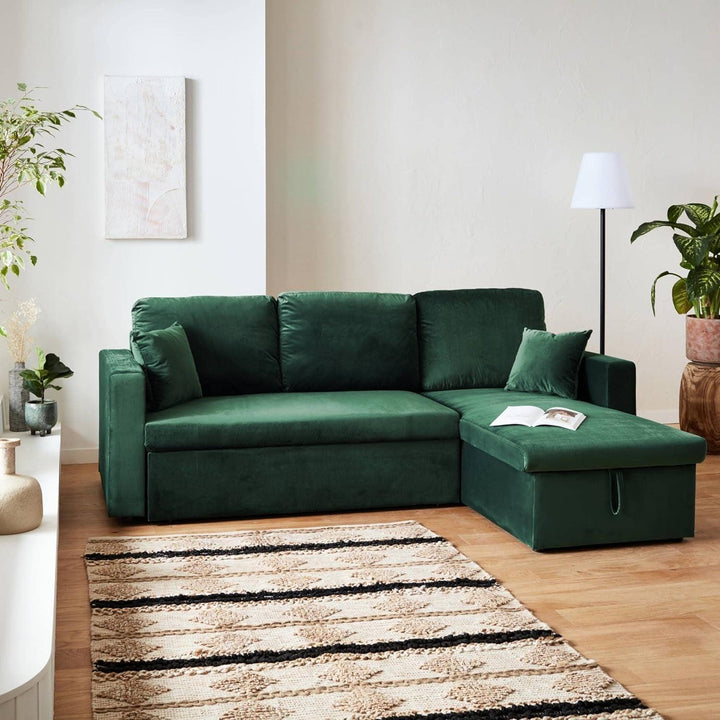 Alice'S Home - Canapé D'Angle Convertible En Velours Vert Anglais 3 Places. Fauteuil D'Angle Réversible Coffre Rangement Lit Modulable | Designix -     - https://designix.fr/