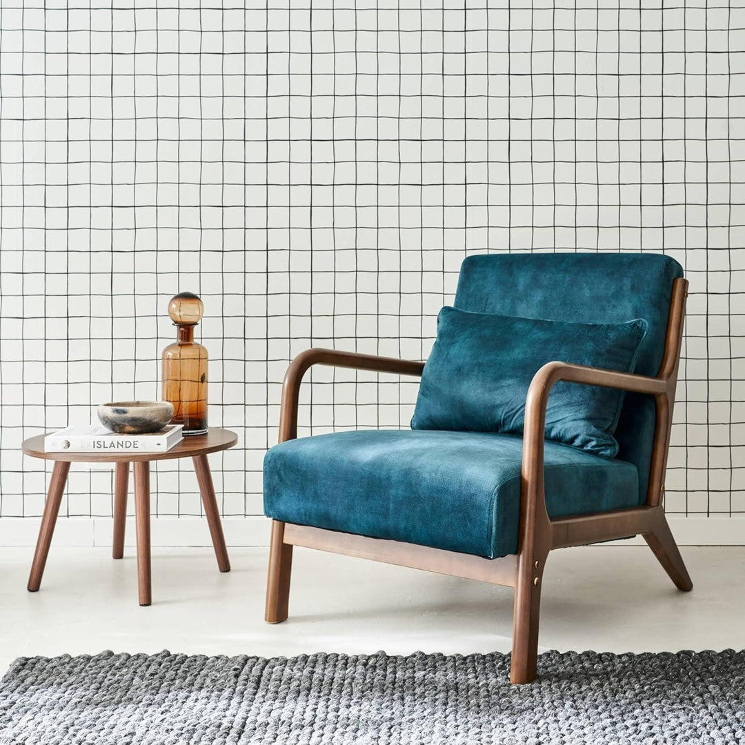 Alice'S Home - Fauteuil En Velours Bleu Pétrole. Pieds Bois D'Hévéa Teinté Noyer Clair. 1 Place Droit Fixe. Pieds Compas Scandinave | Designix -     - https://designix.fr/