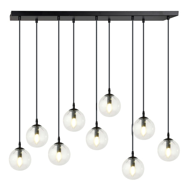 Suspension Cosmo 9 lumières noire, verre transparent