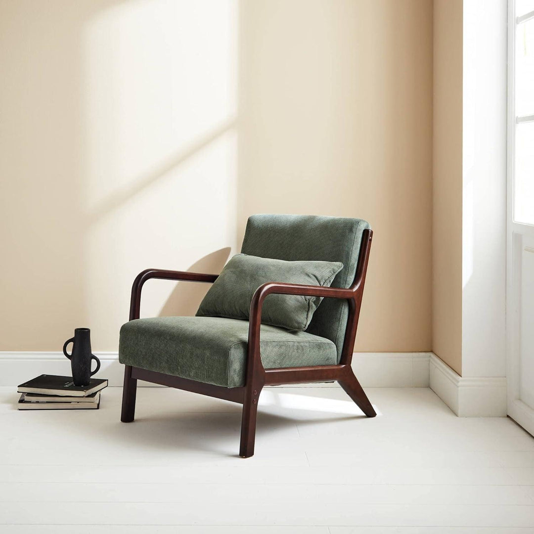 Alice'S Home - Fauteuil Velours Côtelé Vert Pieds Bois D'Hévéa Teinté Wengé. 1 Place Droit Fixe. Pieds Compas Scandinave. Structure En Bois Solide | Designix -     - https://designix.fr/