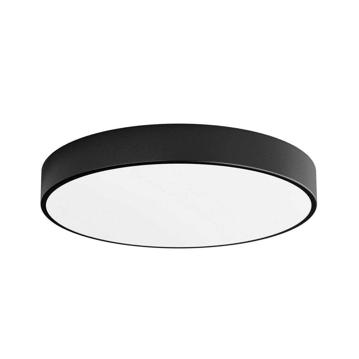 Vue du produit isolé sur fond blanc, plafonnier circulaire noir et diffuseur opale.