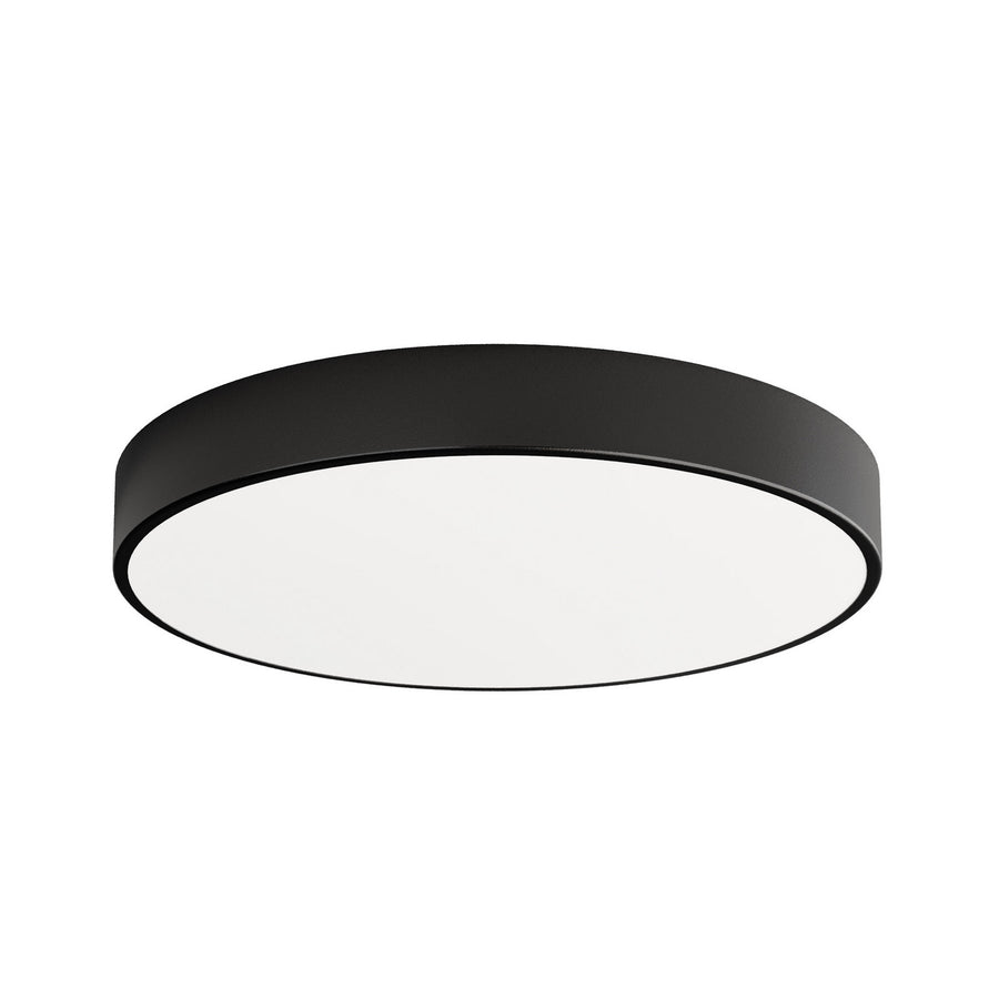 Vue du produit isolé sur fond blanc, plafonnier circulaire noir et diffuseur opale.