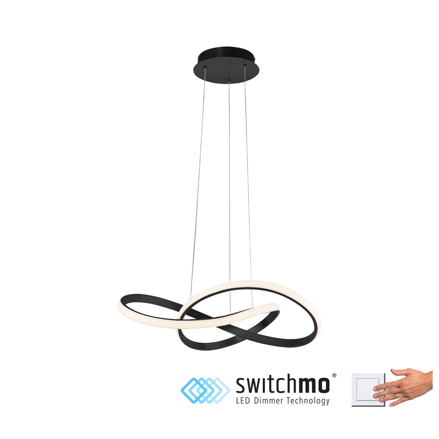 Luminaire suspendu sur fond blanc avec logo de marque et interrupteur variateur
