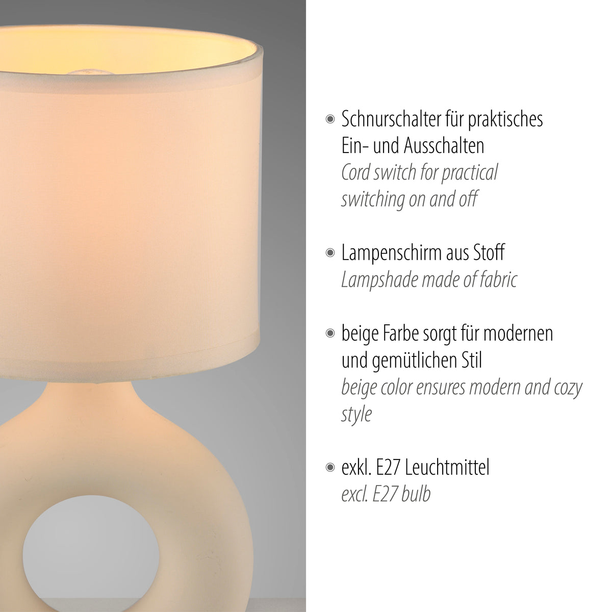 Gros plan sur abat-jour tissu beige et base céramique, avec liste de caractéristiques produit.
