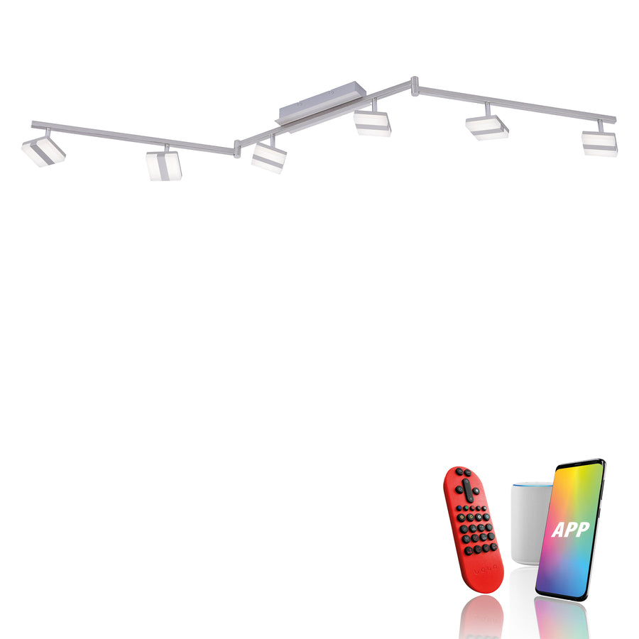 Vue du luminaire avec télécommande rouge, enceinte et application mobile colorée.
