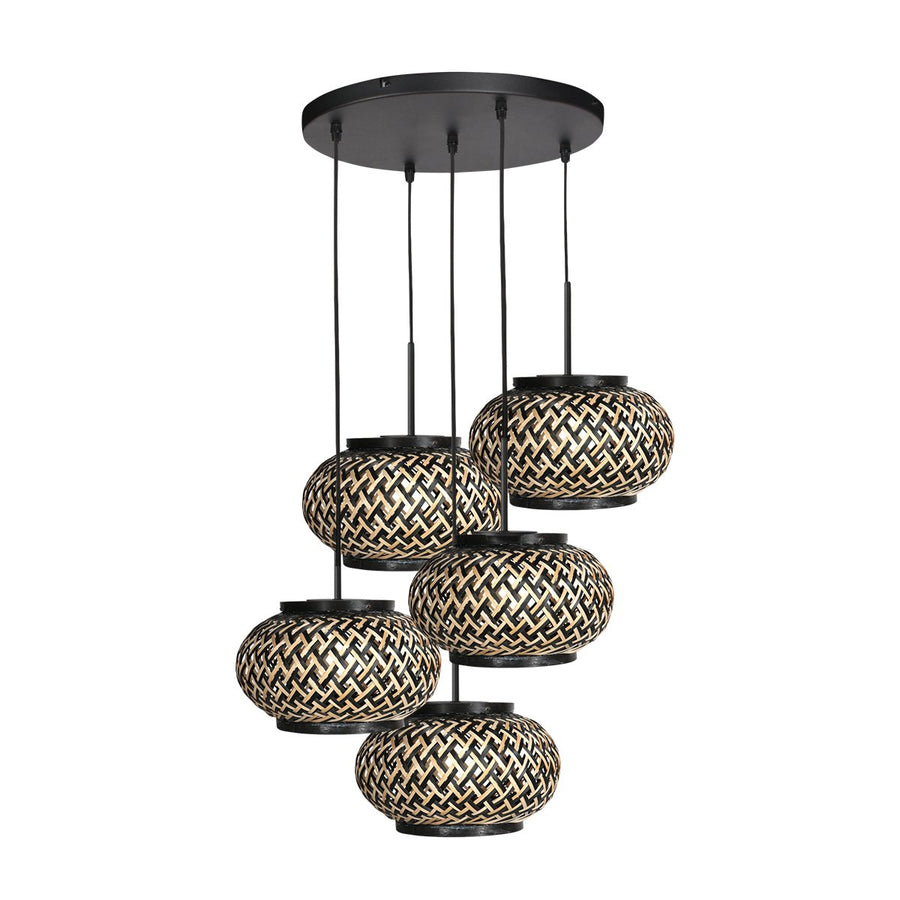 Suspension luminaire Nox Light noir, 5 lumières, abat-jour en bambou Ø22.5 cm