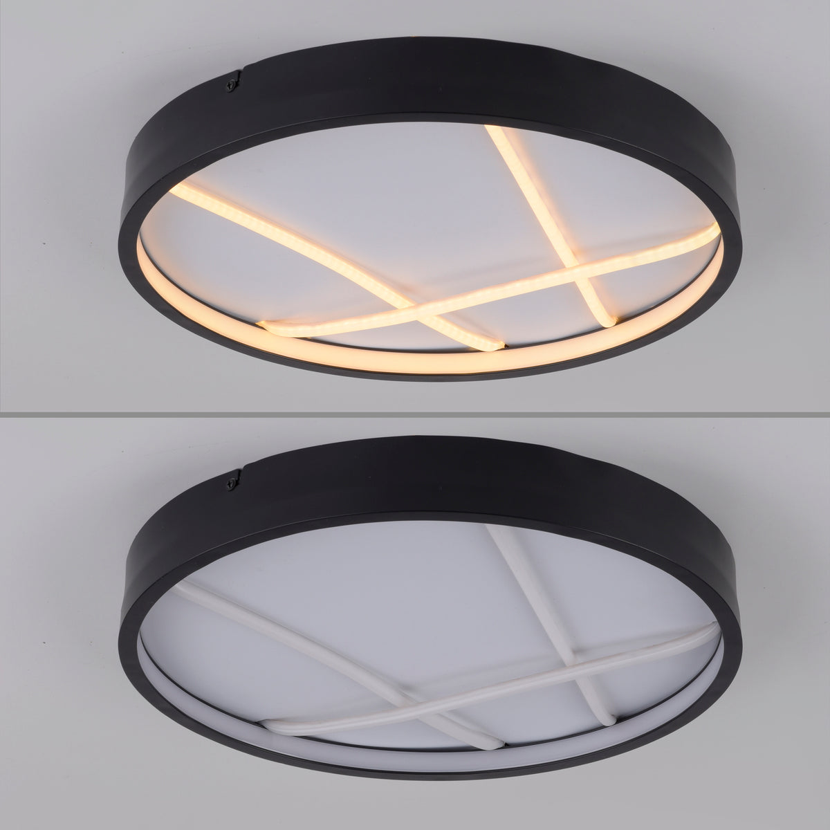 Comparaison du luminaire allumé puis éteint, diffuseur blanc et croisillons