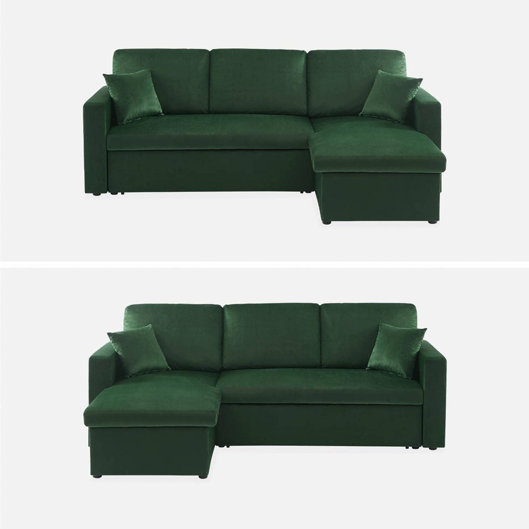 Alice'S Home - Canapé D'Angle Convertible En Velours Vert Anglais 3 Places. Fauteuil D'Angle Réversible Coffre Rangement Lit Modulable | Designix -     - https://designix.fr/