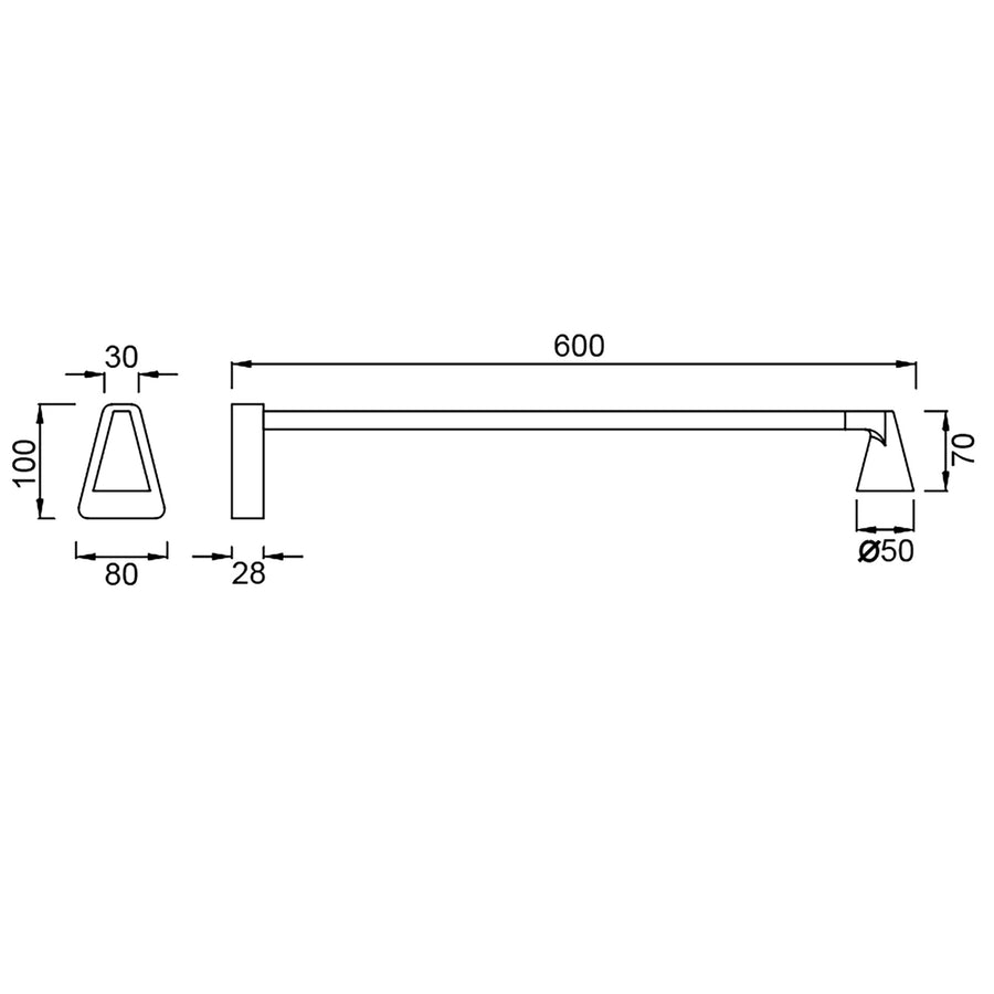 Schéma technique coté : longueur 600 mm, hauteur 70 mm, diamètre 50 mm.