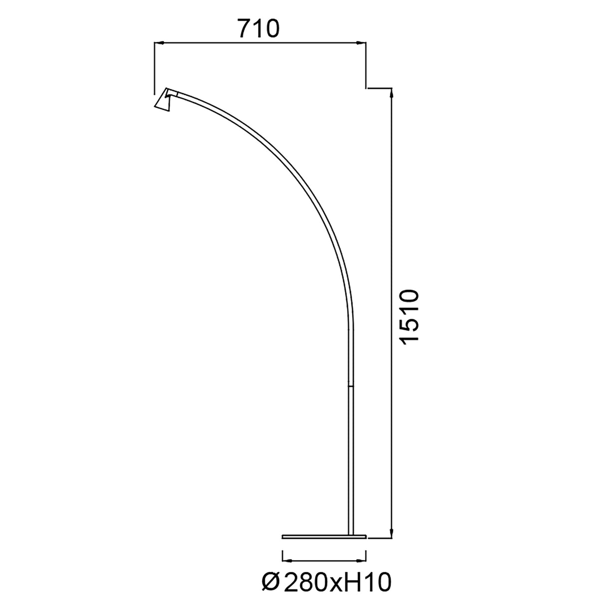 Schéma de dimensions du lampadaire : largeur 710 mm, hauteur 1510 mm, base ronde