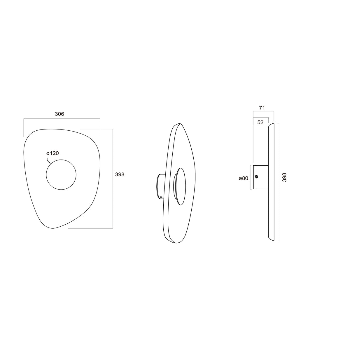 Schéma de dimensions : largeur 306 mm, hauteur 398 mm, épaisseur 71 mm, diamètre 120 mm.