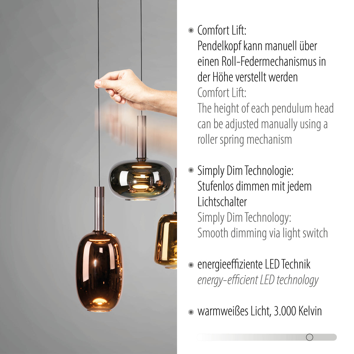 Détail d'une main réglant la hauteur d'un abat-jour par mécanisme Comfort Lift.