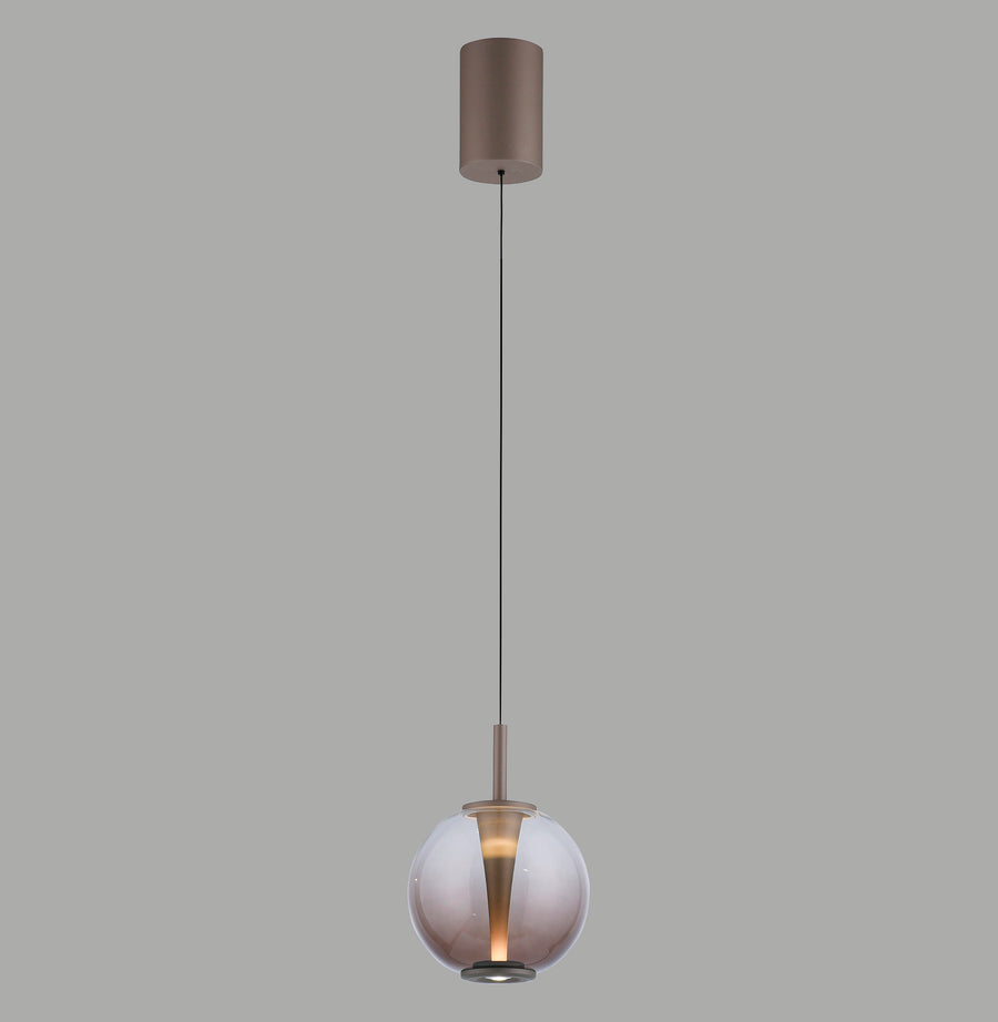 Suspension en verre marron, sphère transparente et cône lumineux central, vue de face.