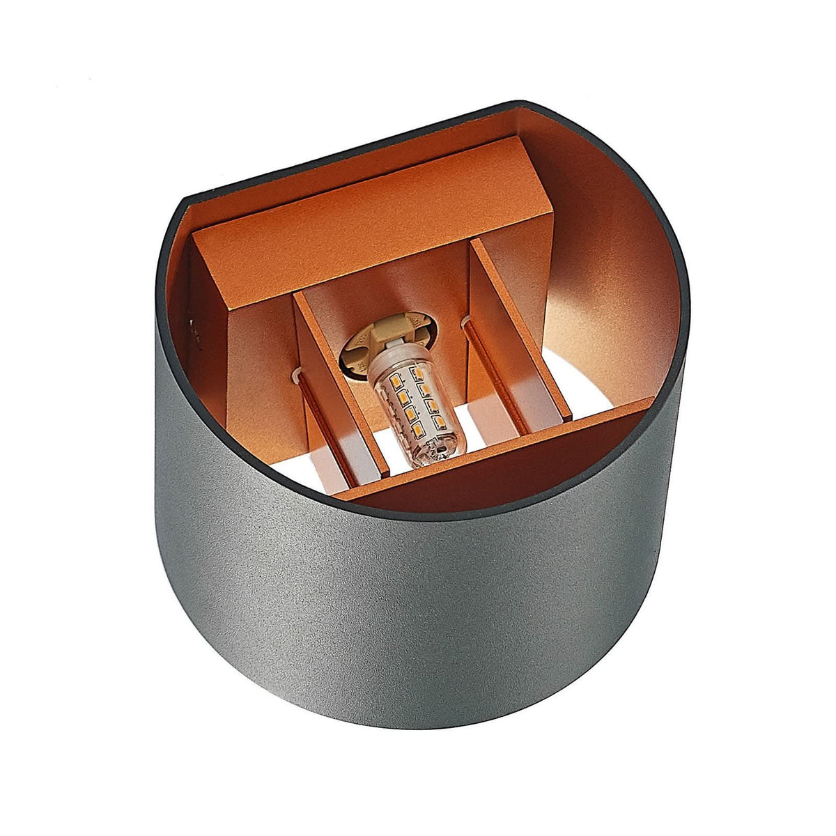 Détail de l'intérieur cuivré avec douille et ampoule LED visible, cloisons rayonnantes.