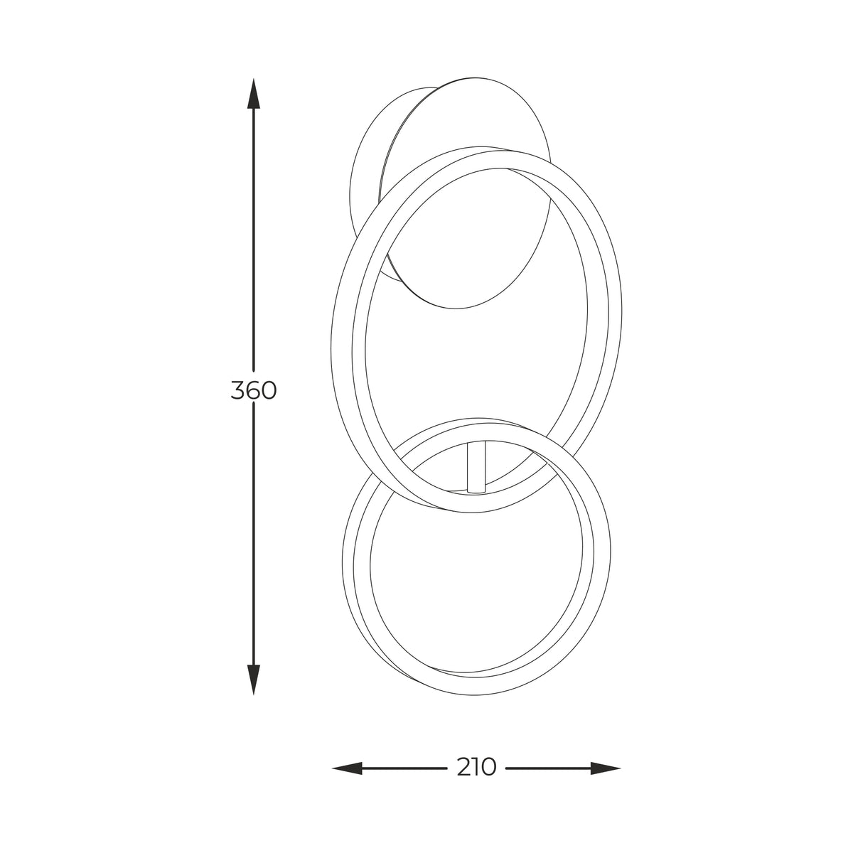 Schéma coté du luminaire, hauteur 360 mm et largeur 210 mm