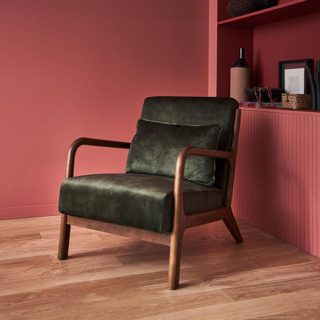 Alice'S Home - Fauteuil En Velours Kaki. Pieds Bois D'Hévéa Teinté Noyer Clair. 1 Place Droit Fixe. Pieds Compas Scandinave | Designix -     - https://designix.fr/