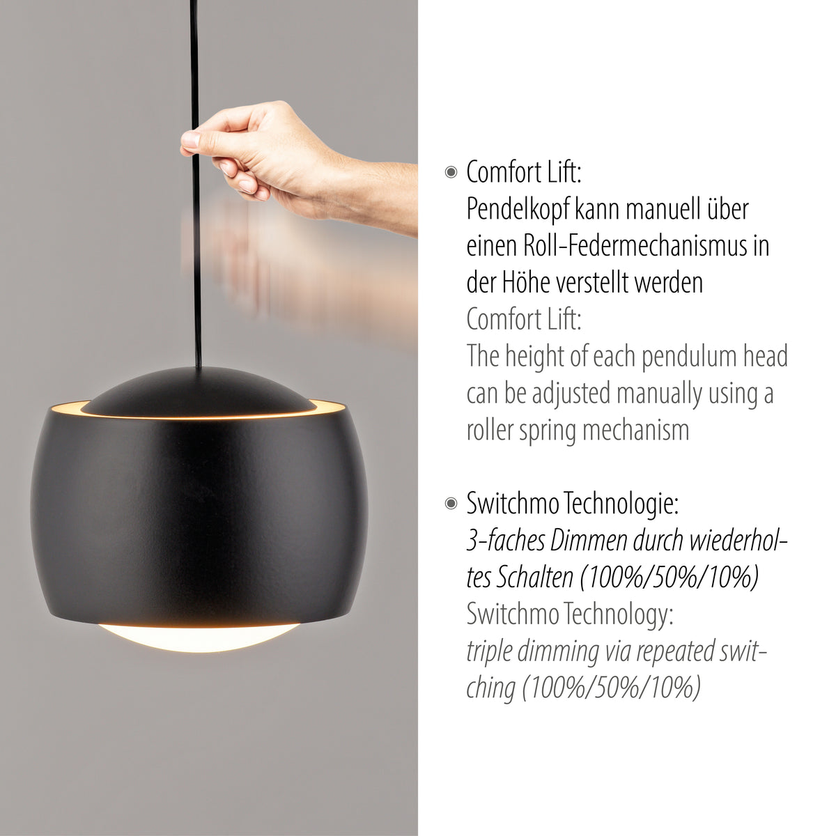 Détail d'une main réglant la hauteur du luminaire par le câble