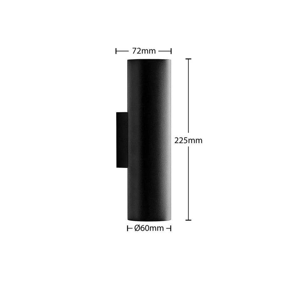 Schéma de dimensions du luminaire noir avec hauteur, largeur et diamètre indiqués.