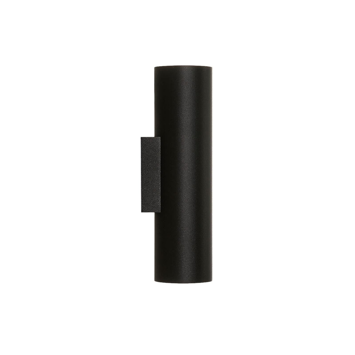 Vue de profil sur fond blanc, applique noire cylindrique et platine de fixation latérale.