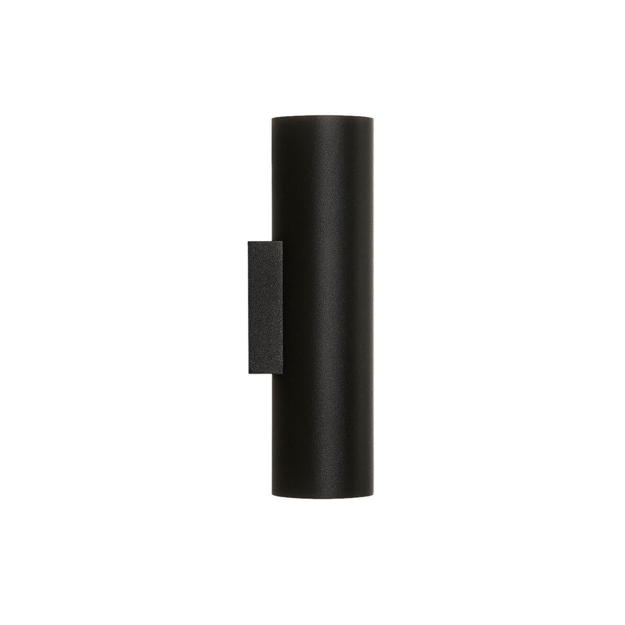 Vue de profil sur fond blanc, applique noire cylindrique et platine de fixation latérale.