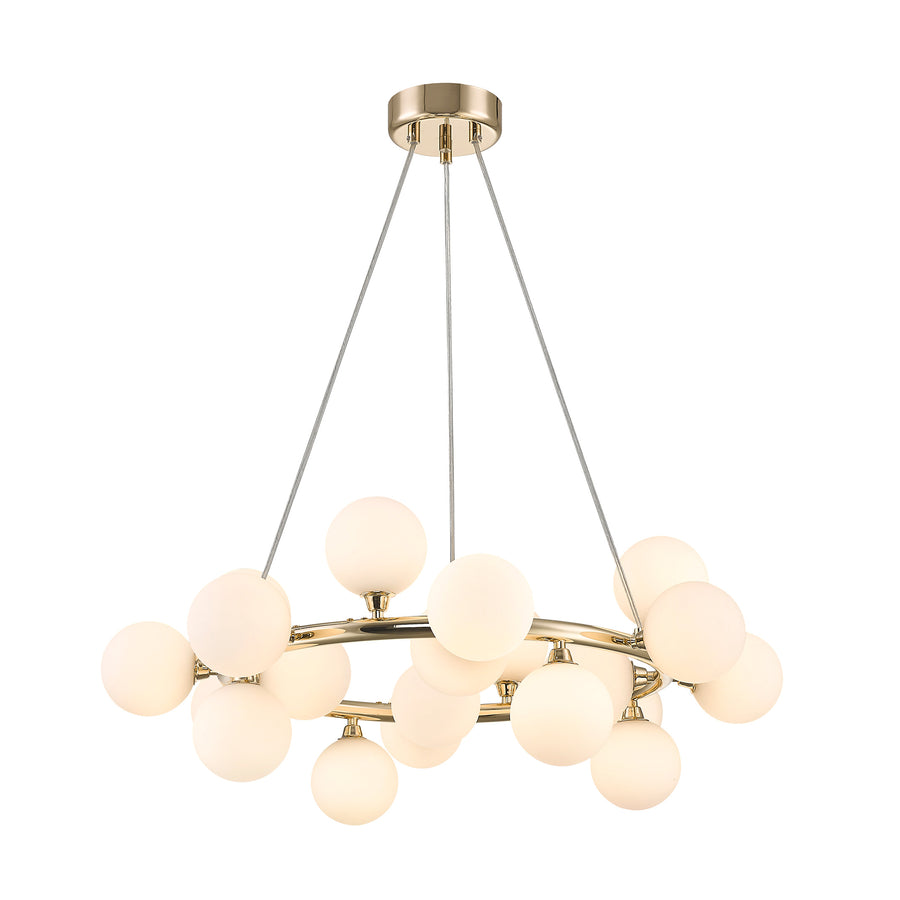 Vue de face du luminaire suspendu avec ses sphères de verre blanc et structure dorée.