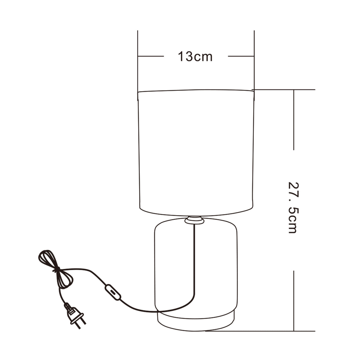 Schéma coté de la lampe : hauteur 27,5 cm, abat-jour 13 cm, câble et fiche