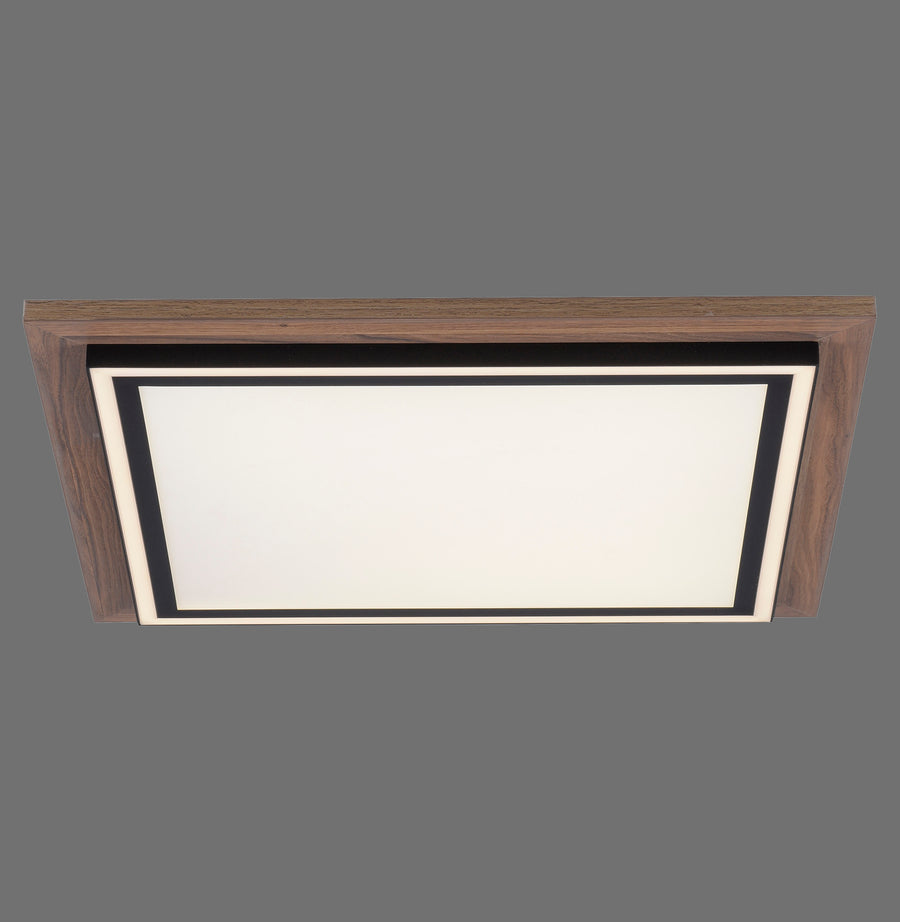 Plafonnier rectangulaire en bois avec diffuseur blanc, présenté de face sur fond gris.