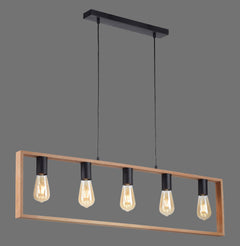 Suspension Franky 5 lumières noire et bois